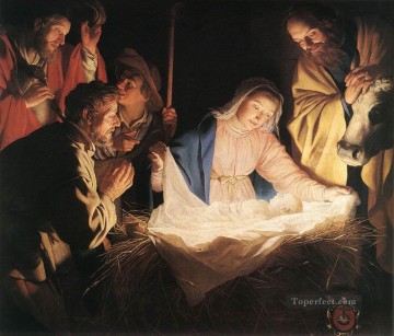  Shepherd Oil Painting - Adoration Of The Shepherds nighttime candlelit Gerard van Honthorst
